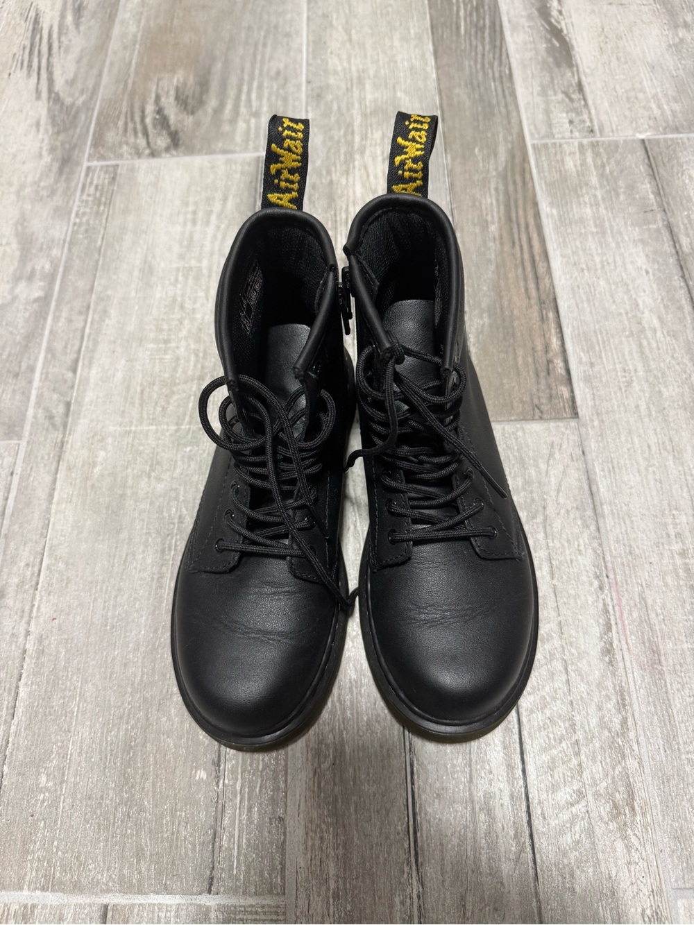 Dr. Martens Kids Black Lace-Up Ankle Boots with Yellow Pull Tab